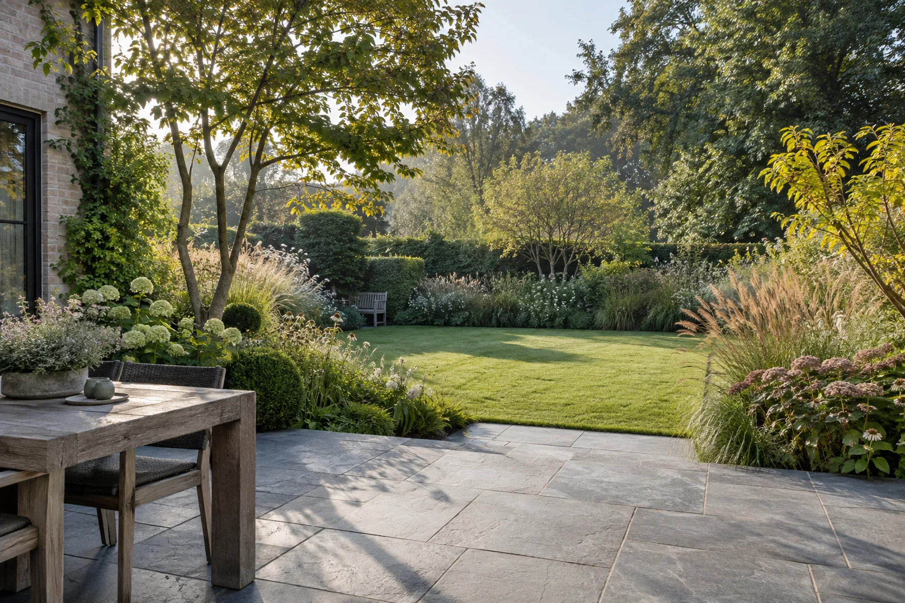 Ambiance de jardin : terrasse minérale, pelouse et massifs naturels